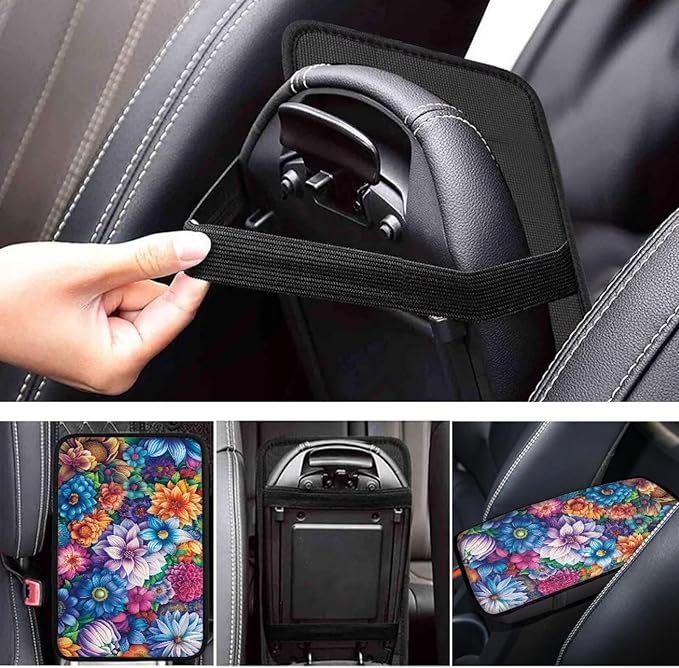 JoyLamoria Automotive Armrest Pad Boho Flower Print Car Armrest Cover for Women High Stretchy Auto Accessories Easy Install