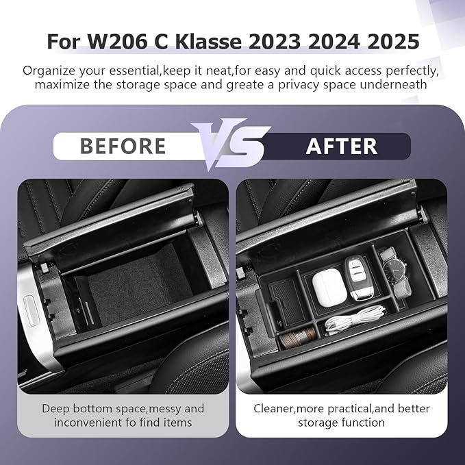 LUWU Center Console Organizer Compatible with 2022-2026 Benz C-Class C300/C300 4Matic/AMG C43/AMG C63 SE Performance W206 Accessories Armrest Console Storage Box Insert Tray ABS Material Black