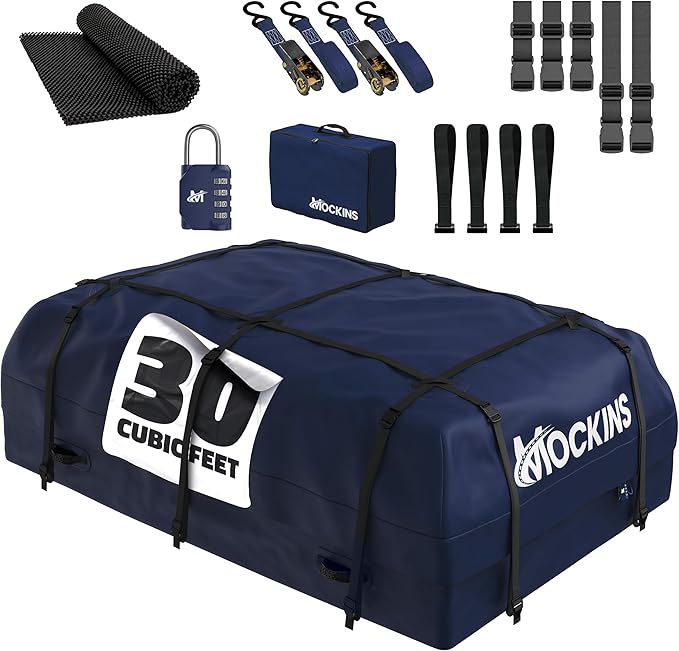 Mockins 30 Cu Ft Navy Car Rooftop Cargo Carrier Bag | 60"x43"x20" Weatherproof 500D Vinyl Car Roof Bag Cargo Carrier for Top of Vehicle | Vehicle Soft-Shell Carriers w/Roof Mat, Lock, Hooks & Straps
