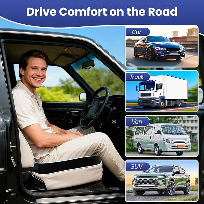 Heightening Car Seat Cushion for Car Seat Truck Driver for Broader Vision, Long Truck Seat Cushion Pressure Relief Cushion for Long Driving with Adjustable Strap Breathable Cover