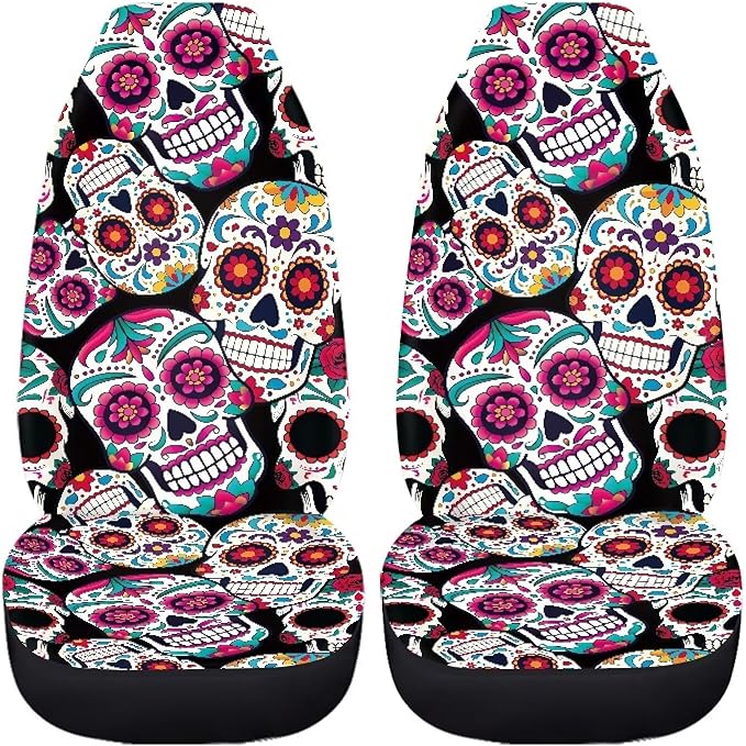 Sugar Skull Car Seat Covers Breathable Front Seat Covers Easy Installation Stretch Polyester Fabric Cover Protection Interior Accessories Universal Fit Most Cars,SUV, Trucks