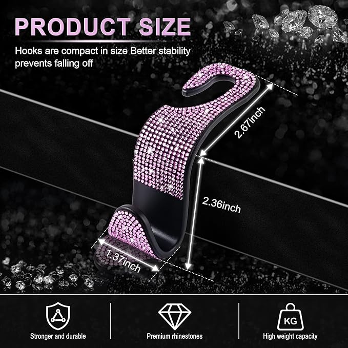 LivTee Car Seat Headrest Hook, Auto Seat Hook Hangers Storage Organizer Interior Accessories for Purse Coats Umbrellas Grocery Bags Handbag, 4-Pack(Bling Pink)