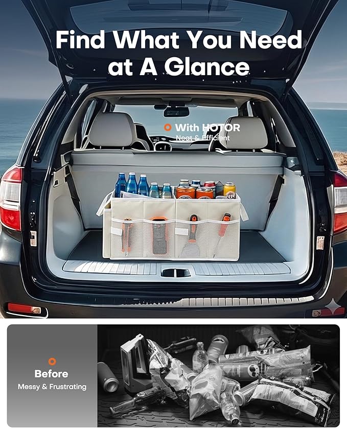 HOTOR Trunk Organizer for Car - Car Organizer, Foldable Trunk organizer for SUVs & Sedans, Sturdy Organization for Car Accessories, Tools, Sundries, Beige, 2 Compartments, 21.3"×12.6"×10.6"