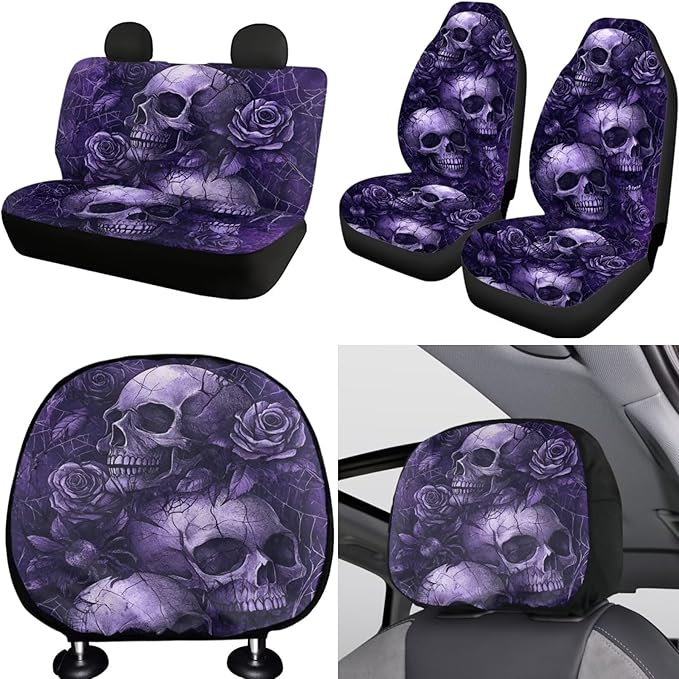 FKELYI Skeleton Car Seat Covers Full Set Purple Floral +Multicolor Mandala Cup Coasters+Headrest Covers+Anti-Slip Steering Wheel Cover+Gear Shift Cover+Handbrake Cover