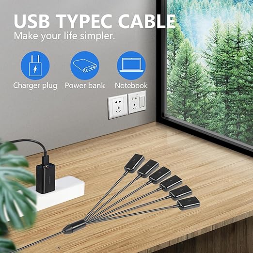 CERRXIAN USB2.0 1 Male to 6 Female Splitter Y Cable USB Y Splitter Supports Data Transmission of U disks, Keyboards, and mice, and Power Supply for USB Devices Such as Low-Power Fans-1.65FT/50cm