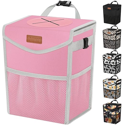 Pritent Car Trash Can with Lid, Cute Leakproof Car Trash Garbage Bag Hanging Vehicle Trash Bin Small Portable Automotive Garbage Cans Organizer for Back/Front Seat/Console(2.8 gal,Pink