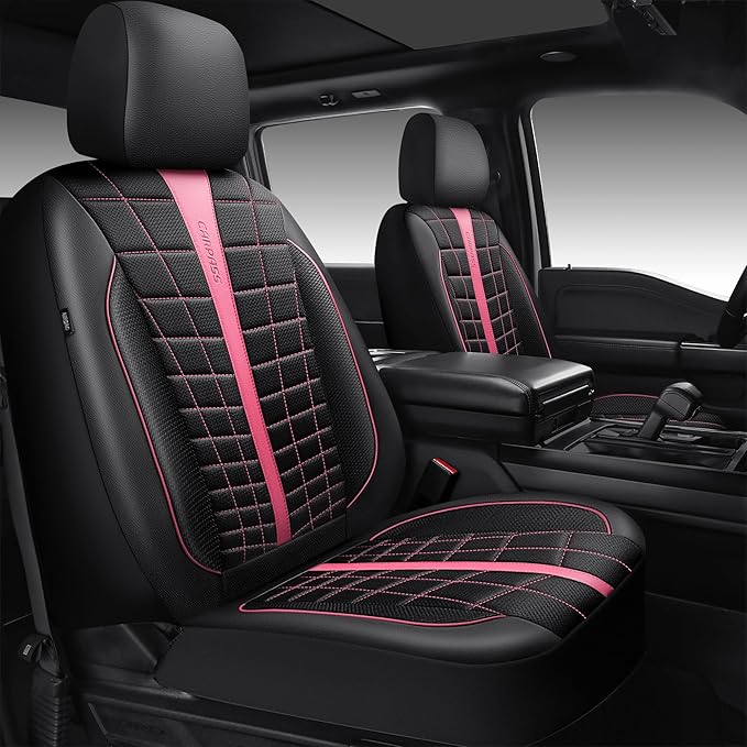 CAR PASS 3D Air Mesh Seat Covers for Car, Leather Car Seat Cover Front Seats, Breathable Foam Premium Leather Mesh Front Seat Covers Universal Fit for Cars Sedans Trucks Vans SUVs, Black Pink