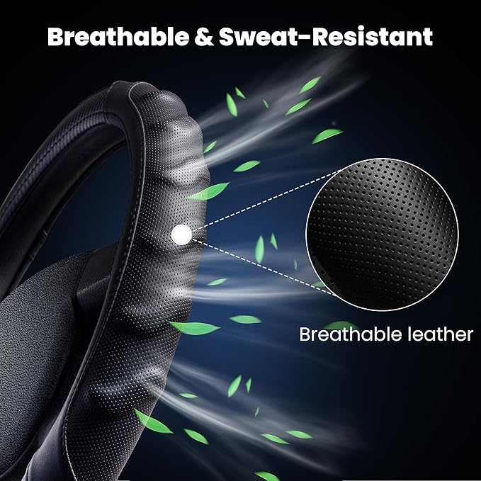 Carbon Fiber D Shaped Steering Wheel Cover – Universal 15 Inch (14.5-15″) Flat Bottom Steering Wheel Cover – Non Slip Leather Grip with Gel Comfort Padding – Sporty Design for Cars, SUVs & Trucks