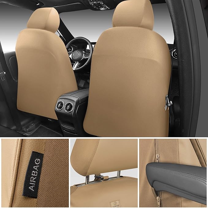 CAR PASS 3D Foam PU Leather Car Seat Covers Front Seats,Tan Faux Leather Front Seat Covers for Cars, Universal Fit for SUVs Trucks Vans Sedans Automotive, Armrest Airbag Compatible,Beige