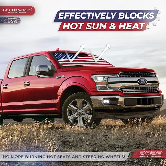 Autoamerics 1-Piece Windshield Sun Shade Original American Flag USA Patriotic Design - Foldable Car Front Window Sunshade for Sedans SUV Truck - Blocks Max UV Rays and Keeps Your Vehicle Cool - Medium