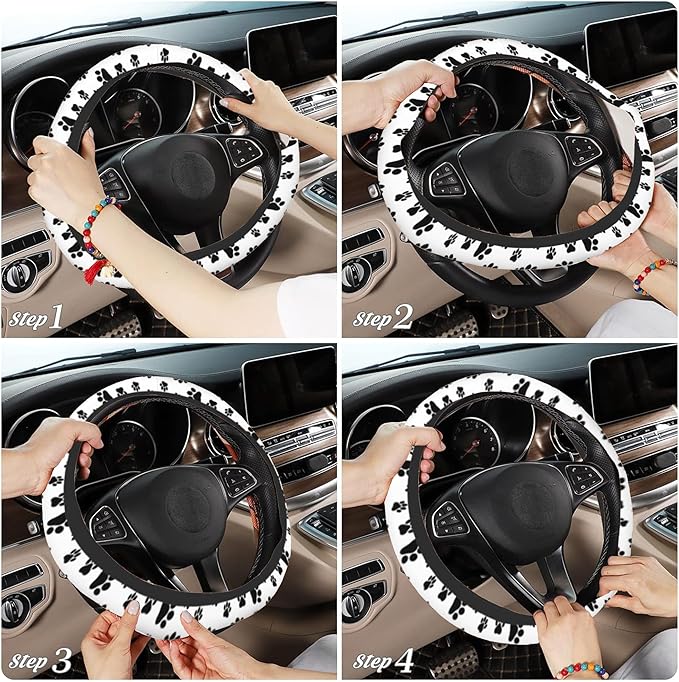 Cat Dog Paw Print Car Steering Wheel Cover, Non-Slip Absorbing Sweat Car Wheel Cover Accessories for Men Women,Universal 15" Fit Auto SUV Vans Trucks