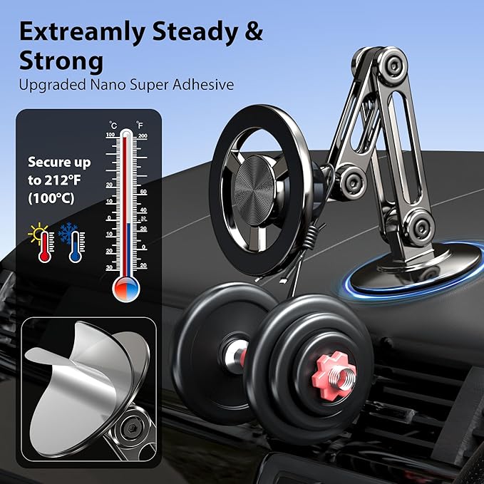 Ultra Magnetic Long-Arm Phone Holder Stand, Fits for MagSafe Car Mount Bracket【Windshield+Vent+Dash】, 360° Rotation Adjustable Strong Magnets Car Mount Desk Office Phone Cradle Holder, Black