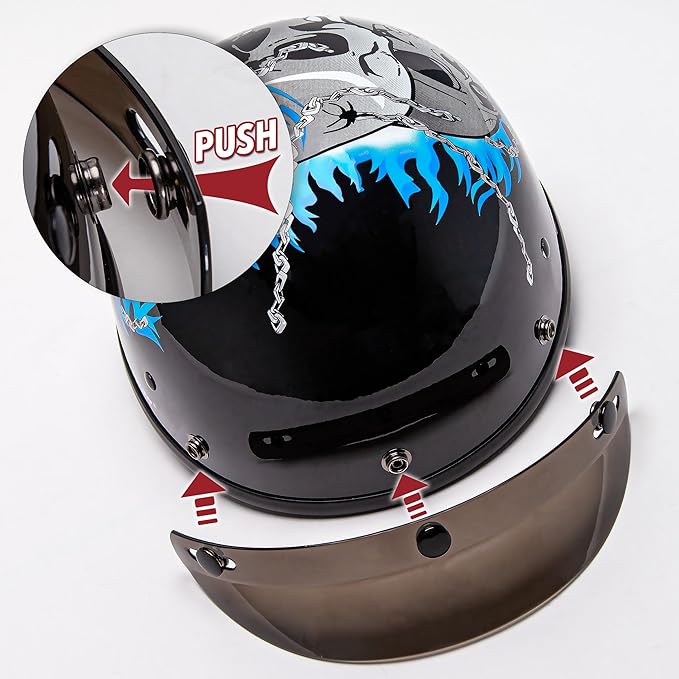 Cartman Cruiser Scooter Motorcycle Half Face Helmet, Blue Skull Graphics, DOT Approved for Bike Scooter ATV UTV Chopper, Medium