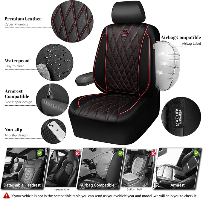 CAR PASS Piping Luxury PU Leather Two Front Car Seat Covers, Waterproof Anti Slip Seat Covers Compatible with Front Seat Armrests,Universal Fit for Suvs,Vans,Trucks,Airbag Compatible(Black and Red)
