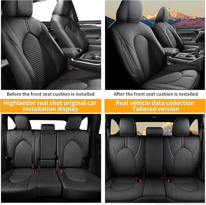 AOMSAZTO Custom Fit Seat Covers for Toyota Highlander 2020 2021 2022 2023 2024 2025 2026- (Three-Rows 8 Seats,Second Row 40/60 Split) Faux Leather Black