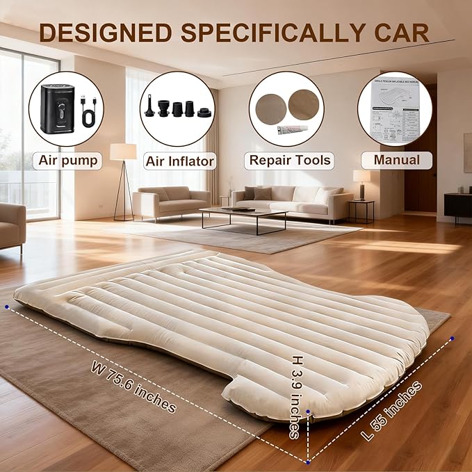 ZKOO Car Air Mattress 4 Inch, SUV Truck Camping Air Mattresses, Quick Inflation Chamber Portable Driving Trip Air Bed Soft Flocked Top for Camping, Colchon Inflable, with Storage Bag (Khaki)