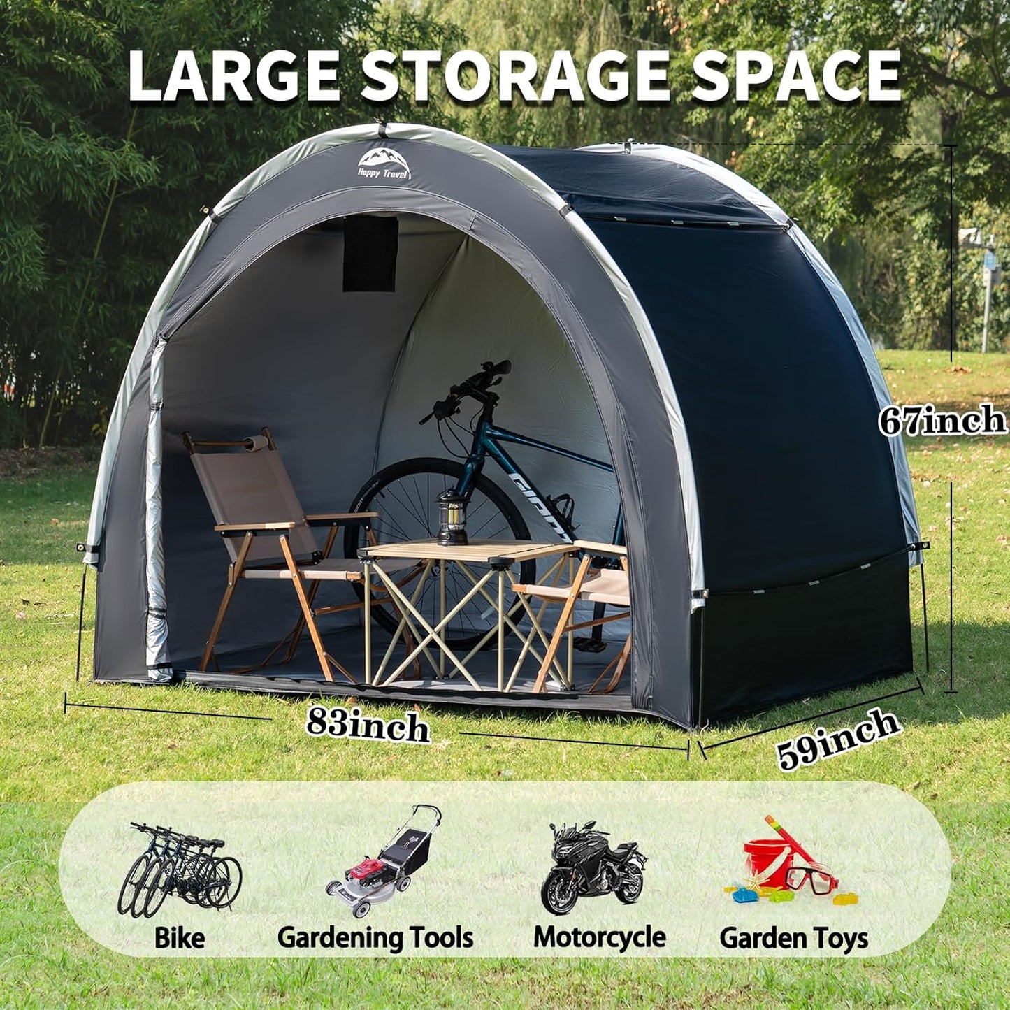 Happy Travel Bike Storage Tent Shed, Outdoor Waterproof Bicycle Covers Shelter with Window for 2/4/6/8 Bikes,Oversized Outside Portable Sheds for Lawn Mower,Garden Tools (Black)