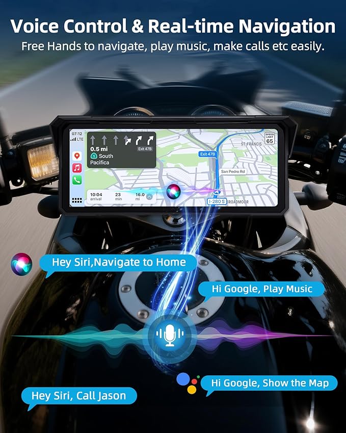 8.1" 4K Motorcycle CarPlay Screen w 4K Dash Cam Wireless Carplay Android Auto Screen for Motorcycle with GPS Navigation Voice Control WiFi Video Dual Bluetooth IPX7 Waterproof TF-64G Wired Control