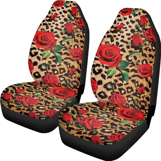 Leopard Print Rose Car Front Seat Covers Set of 2 Piece Auto Seats Protectors Anti-Scratch Seat Covers Universal Fit Most Vehicles
