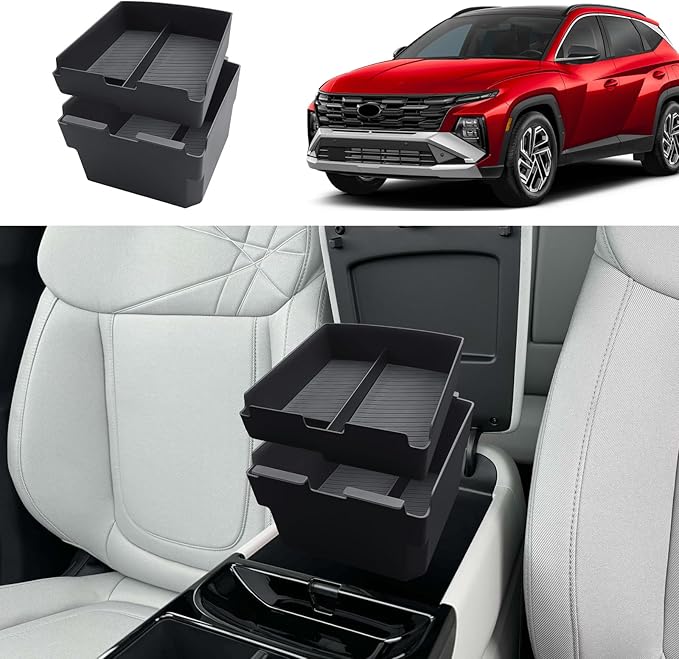 ECOZEN Double-Layer Center Console Organizer For 2025-2026 Hyundai Tucson(Limited)/2025-2026 Tucson Hybrid/Tucson Plug-in Hybrid Armrest Organizer - ONLY Fit 2025-2026 Tucson With Electronic Shift