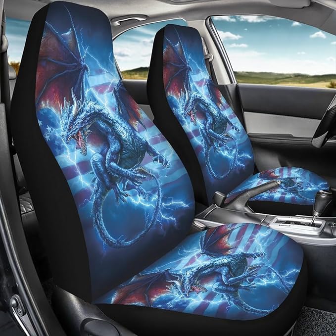 KEIAHUAN 4pcs Car Seat Covers Full Set Blue Dragon American Flag Auto Seat Cover Universal Front and Rear Seat Covers Light Breathable Automotive Interior Accessories for SUV,Sedan,Truck