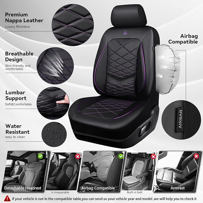 CAR PASS Luxury Nappa Leather Front Seat Covers, Water Resistant 3D Foam Seat Covers with Lumbar Support, Breathable Auto Seat Cover Airbag Compatible Universal Fit Sedan SUV Van Truck, Black Purple