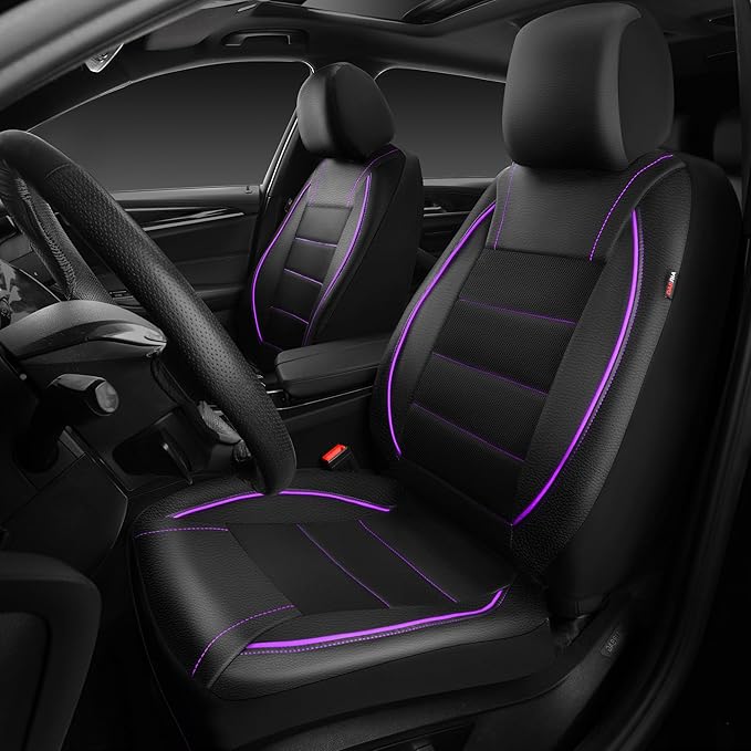 CAR PASS Universal FIT Piping Leather Two Front Seat Covers, Waterproof Faux Leather for SUV Sedan Van Truck, Airbag Compatible,Reserved Opening Holes for Headrest Covers(Black and Purple)