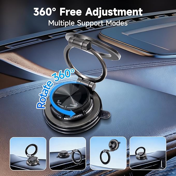 Magnetic Car Phone Holder, 360° Adjustable Suction Cup Universal Phone Mount, Multi-Scene for Car Office Gym Home, Compatible with iPhone 17/16 Pro Max & Other Magnetic Phones (Black)
