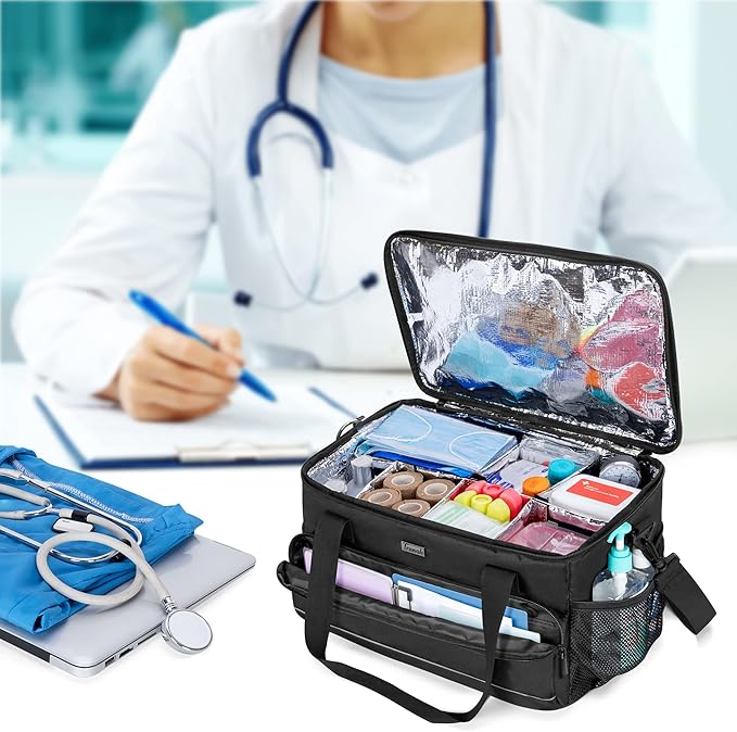 Trunab Large Insulated Medical Bag with Adjustable Dividers, Easy Clean Trauma Bag, Medicine Supplies Storage Bag for Home, Travel, Camping, Bag Only - Patented Design, Black