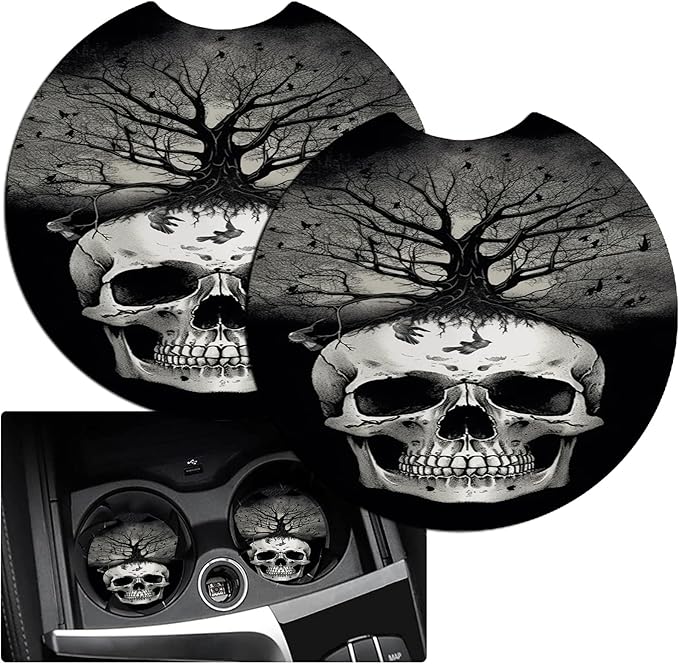 Car Armrest Cover Pads Universal Fashion Cute Auto Center Console Armrest Cover Pad with 2PCS Car Coasters Soft Waterproof Car Armrest Seat Protector for Women,Black White Skull Tree
