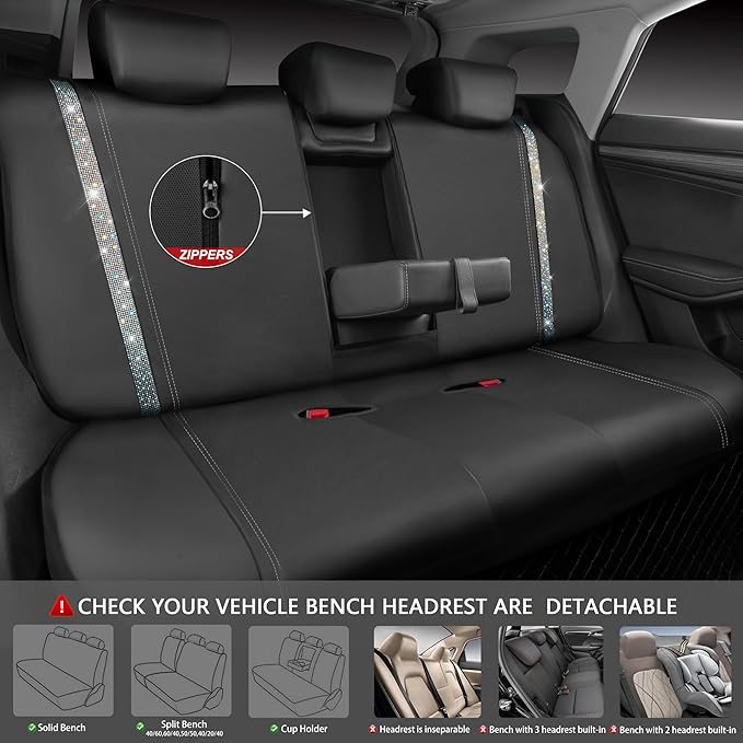 CAR PASS Bling Diamond Car Seat Cover Full Set, Shining Rhinestone Waterproof Leather, Rear with Zipper, Universal Fit 95% Automotive Glitter Sparkle Crystal for Cute Women Girl, Colorful Diamond