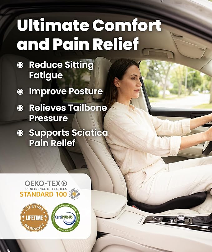 Everlasting Comfort Car Seat Cushion for Driving - Orthopedic Car Cushion for Office, Travel, Gaming Chair Memory Foam Driver Booster for Short People, Non-Slip, Washable Cover, Back & Sciatica Relief