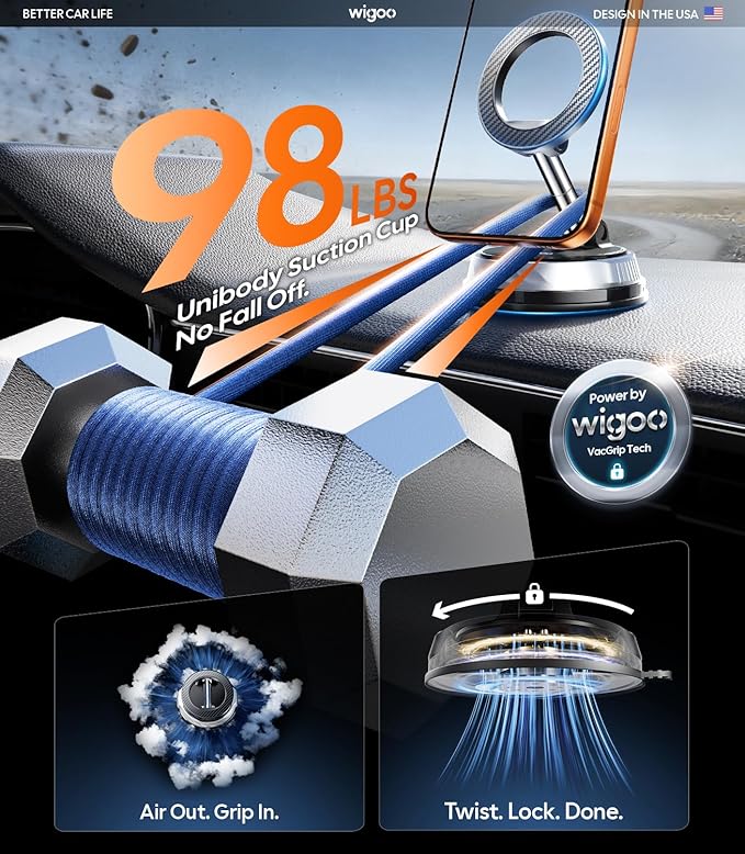 Wigoo 2026 Upgraded Car Phone Holder for Magsafe [98LBS Suction & 3000gf Magnetic] 360° Adjustable Car Mount, Cell Phone Holders for Your Car, for iPhone 17 Pro Max 16 15 14 13 12 Plus, Carbon Fiber