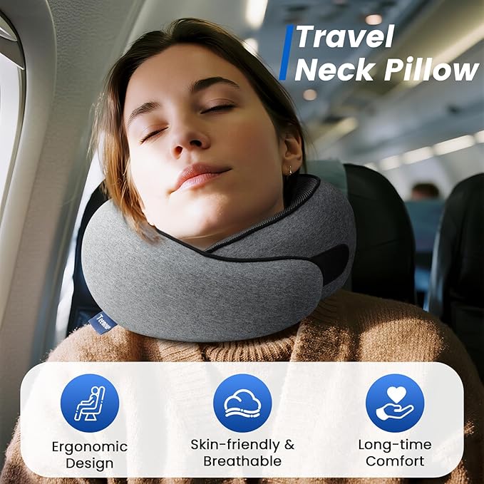 Travel Pillow Memory Foam Neck Pillow for Airplanes Long Flight Comfort 360° Support Airplane Pillow Design for Car Rides, and Home Use Travel Essentials, with Eye Mask, Earplugs and Storage Bag Large