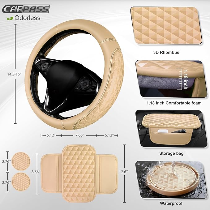 CAR PASS 3D Rhombus Leather Steering Wheel Cover Car Accessories Set, Comfortable Center Console Armrest Cushion with Storage Bags 2 Non-Slip Cup Coasters, 14.5-15in Car Interior Sets, 4 PCS All Beige