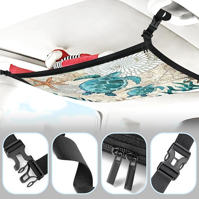 Seaturtle Car Ceiling Cargo Net Pocket Hanging Storage Bag with Zipper 31.5"x21.6" Double-Layer Mesh Car Roof Storage Organizer Long Road Trip Truck SUV Travel Camping