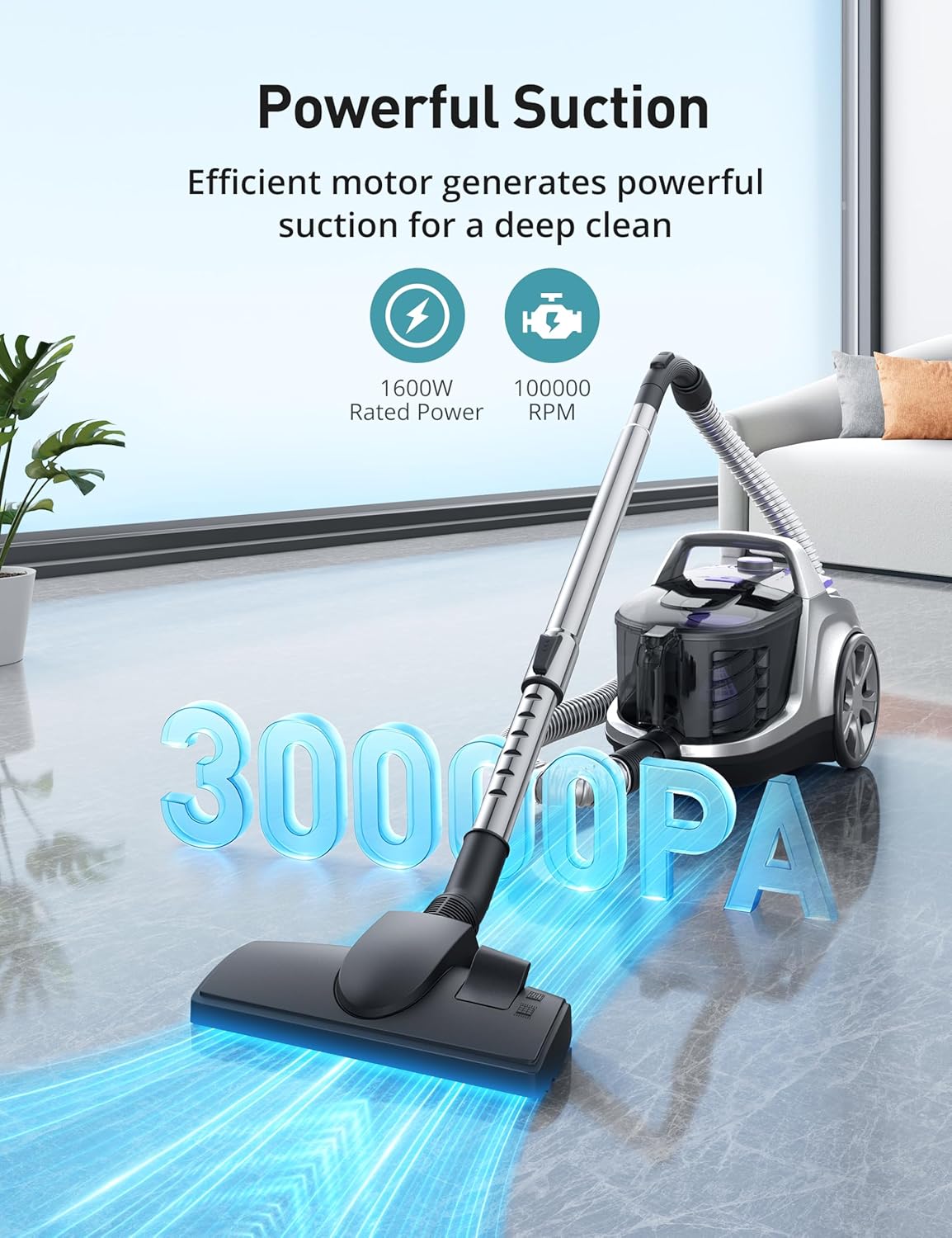 Aspiron Canister Vacuum, Upgraded 1600W Bagless Canister Vacuum Cleaner, Auto Cord Rewind, H13 HEPA Filter, 3.7Qt Large Capacity, 5 Tools for Hard Floors, Carpet, Pet, Upholstery, Tiles, Car, Violet