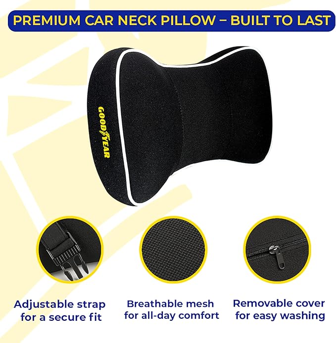 Goodyear Car Neck Pillow, Soft Memory Foam Headrest Pillow for Driving, Ergonomic Car Seat Headrest Cushion with Adjustable Strap, Breathable & Removable Cover, Neck Pain Relief, Black