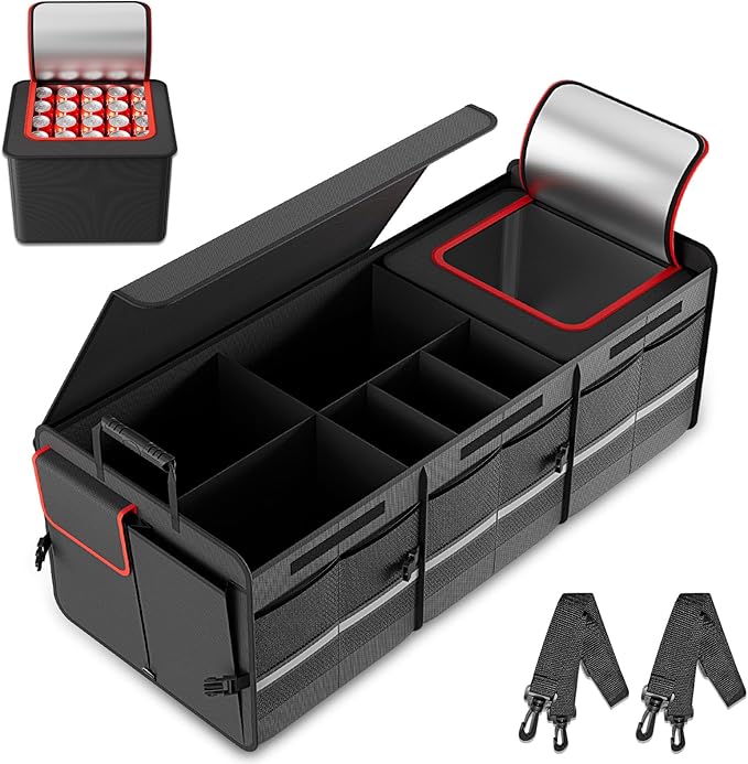 MEI&CO Car Trunk Organizer - 2.5mm PP Board Built, 35L Leakproof Cooler, 105L Capacity, 2 Tie-Down Straps, 4 Adjustable Dividers, Foldable Design for SUVs, Trucks, and Cars