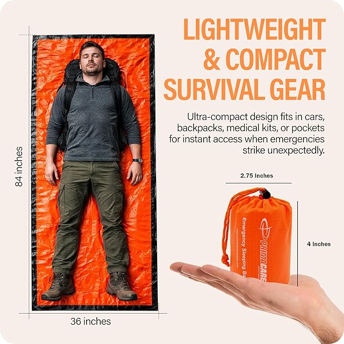 Primacare CB-3684-2 Pack of 2 Emergency Sleeping Bags for Survival, Mylar Blanket/Tent Used for Emergency, Camping, Hiking, Hunting, Outdoors, Perfect for Medical First Aid Supply Kits, Adult, Orange