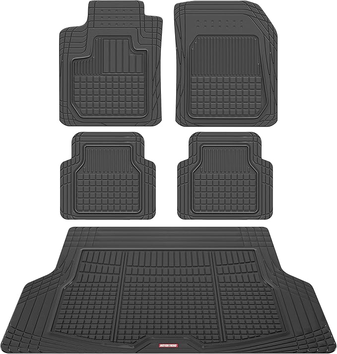Motor Trend FlexTough Rubber Car Floor Mats with Cargo Trunk Liner, Trim to Fit Performance Plus Heavy Duty Liners for Auto SUV Truck Car Van, Thick & All Weather
