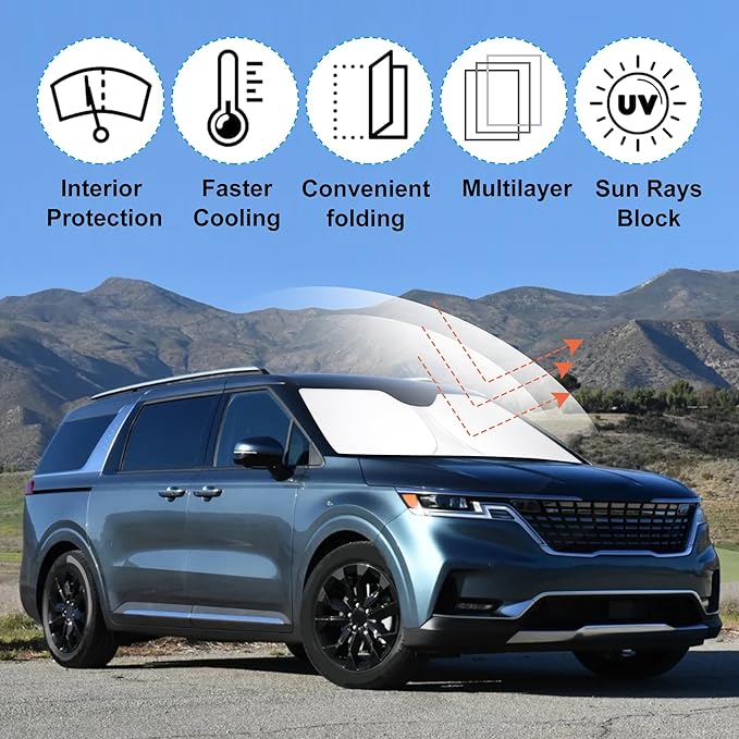 Windshield Sun Shade Custom Fit for 2022 2023 2024 2025 2026 Kia Carnival Accessories Foldable Sunshade Sun Blocker Protect Car from Sun Rays & Heat Damage Keep Car Cooler