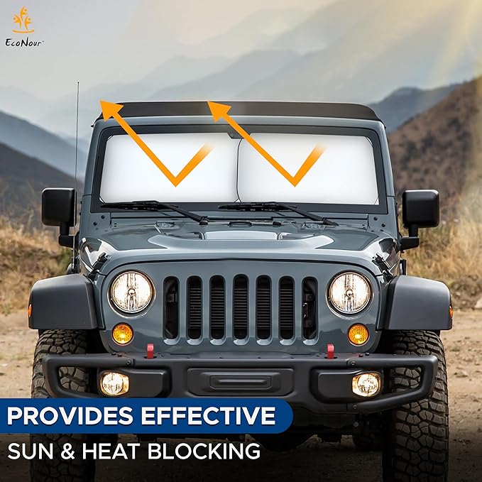 EcoNour 2-Piece Windshield Sun Shade for Jeep, Foldable Jeep Wrangler Sun Shade, Jeep Gladiator Sun Shade, Fits Jeep Wrangler JL JLU 2018-2025, Jeep Gladiator 2020-2025, Keeps Car Interior Cooler