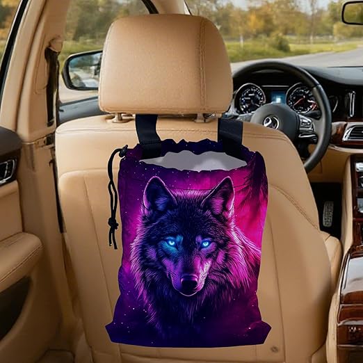 Wolf Car Garbage Bag,Glowing Wolf on Starry Night Small Car Trash Bag Hanging,Drawstring Car Garbage Bag with Adjustable Buckle for Car Back Seat,SUVs,Camping,Road Trips