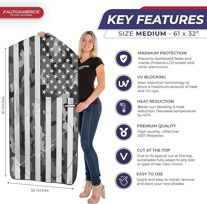 Autoamerics 1-Piece Windshield Sun Shade Gray Camo American Flag USA Design - Foldable Car Front Window Sunshade for Most Sedans SUV Truck - Blocks Max UV Rays and Keeps Your Vehicle Cool - Medium