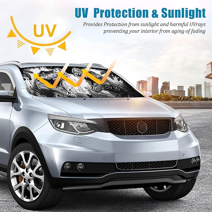 Dinosaur Car Windshield Sun Shade Foldable Sunshade Front Window Cover Sun Visor Protector Accessories (59x27.5 inches)
