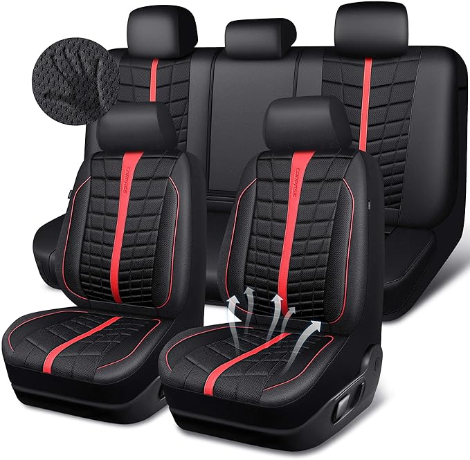 CAR PASS Leather Mesh Car Seat Covers Full Set, 3D Foam Breathable Luxury Mesh Leather Seat Covers Full Set, Universal Fit for Cars Trucks SUV, Airbag Compatible, Anti Slip Seats 5 Black Red