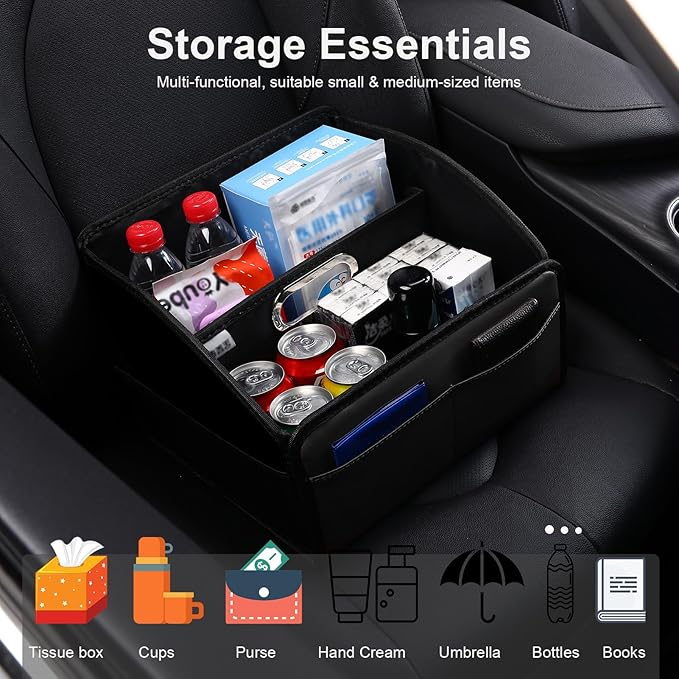 Car Storage Organizer [2025 UPDATED] Leather Car Caddy Basket for Front Seat Floor Back Seats Metal Handle 6 Compartments Adjustable Strap Buckles Slip-Resistant (Black)