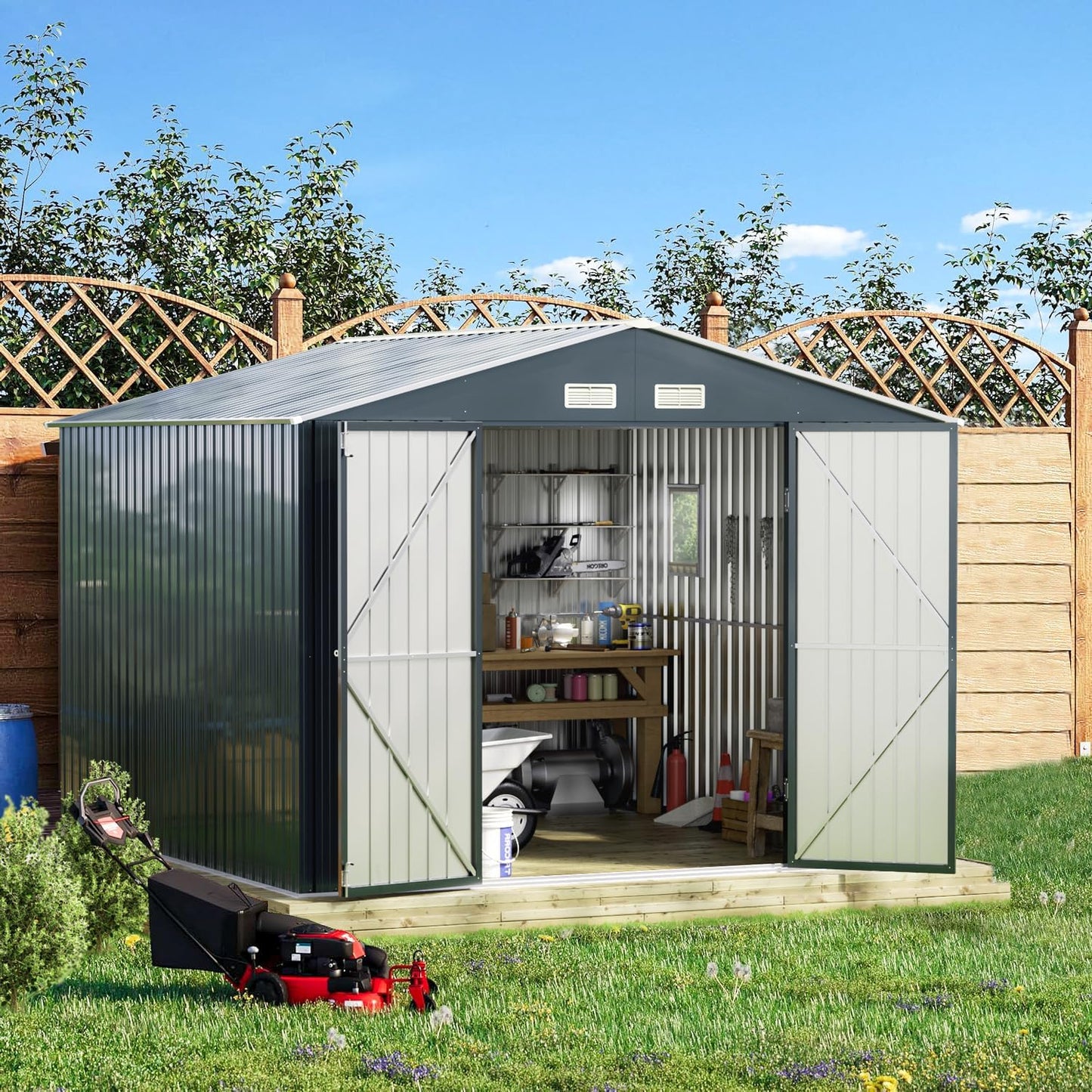 Breezz Outdoor Storage Shed 10 x 10 ft. Utility Tool Shed Metal Storage Garden Shed with Lockable Doors, Windows & Metal Frame Floor for Patio Storage,Nightblue