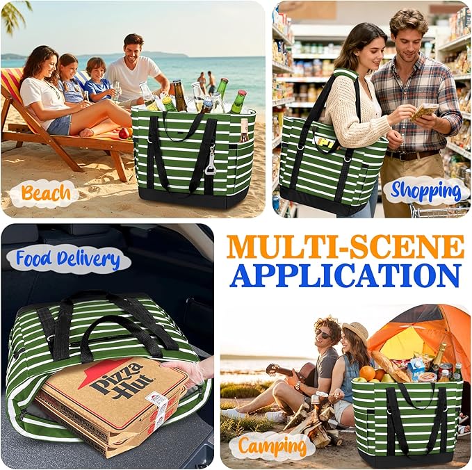 HUANLANG Soft Cooler Bag Insulated for Travel,Large Insulated Grocery Bags with Zippered Top,PEVA Collapsible Food Delivery Cooler Bag for Beach, Travel, Picnics